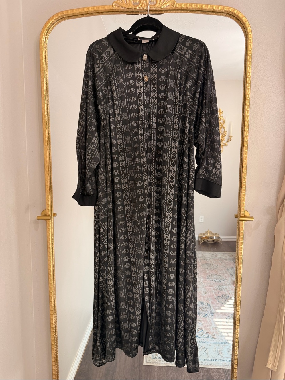 Black Long-Sleeve Peter Pan Collar Dress with Subtle Geometric Print